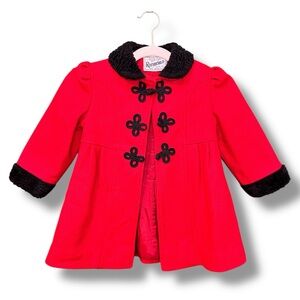 Rothschild Red Pea Coat for Girls with Black Details